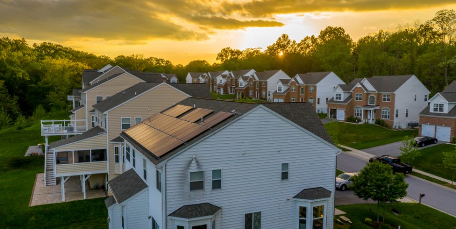 Maryland neighborhood birds eye view at sunrise