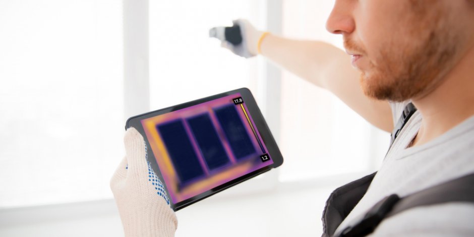 tech taking thermal images of interior window of home