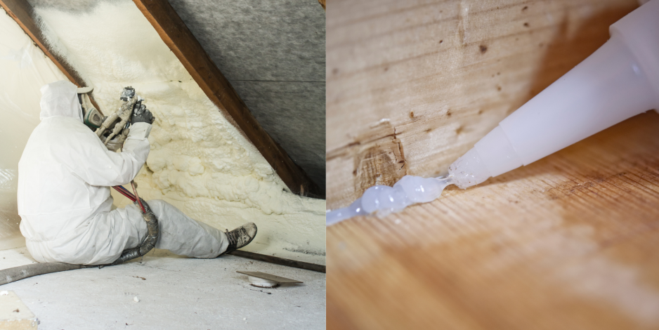 collage of man foam insulating attic on left and individual caulking on the right 